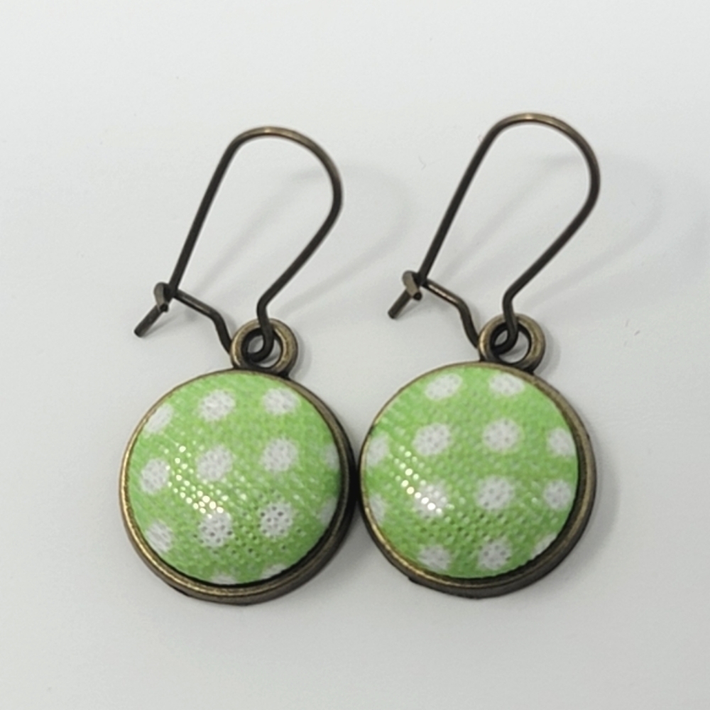 New Handmade | Green White Dot Upcycled Fabric Button Earwire Dangle Earrings